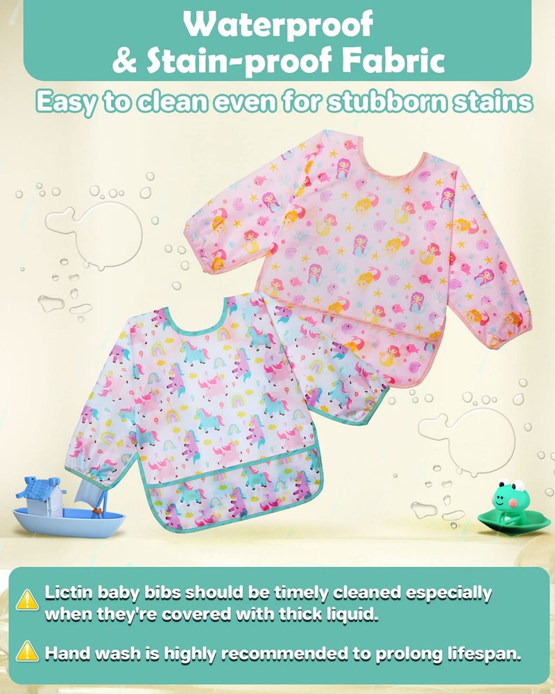 Lictin 3 Pack Baby Bibs for Boy or Girl, Cute Long Sleeve Bib, Waterproof Bibs for Toddlers,Adjustable Closure Baby Smock, Mess Proof Baby Bib, 6-24 Months Reusable Infant Baby Bibs - Image 3